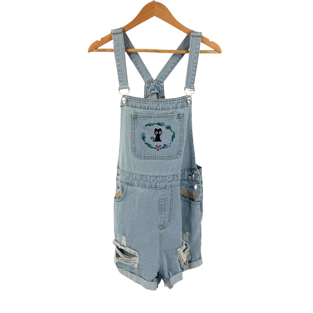 Romwe Kawaii Cat Embroidere Distressed Denim Shortalls Size M 8/10 Indie Cottage